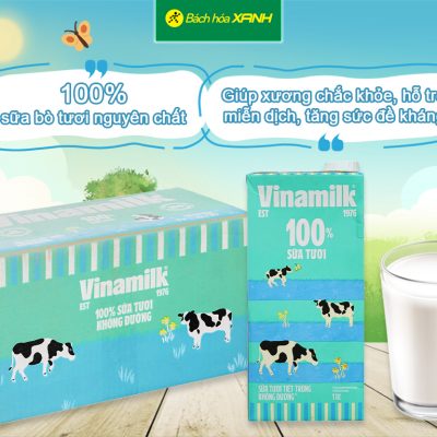 Thùng 12 hộp sữa tươi tiệt trùng không đường Vinamilk Sữa tươi 100% 1 lít