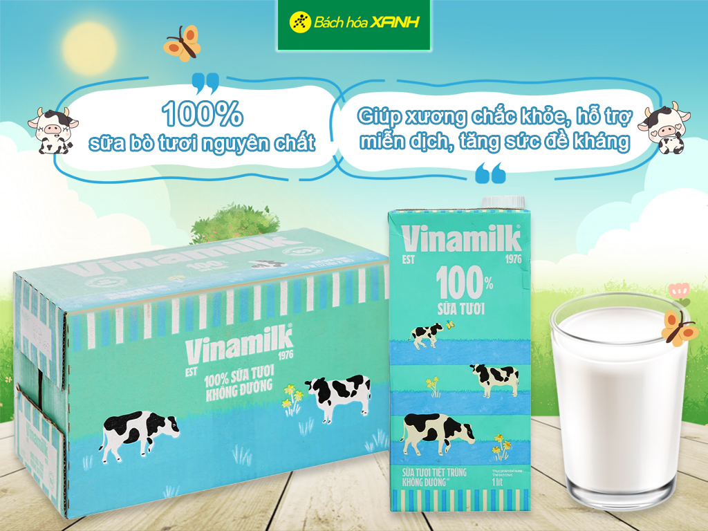 Thùng 12 hộp sữa tươi tiệt trùng không đường Vinamilk Sữa tươi 100% 1 lít Thùng 12 hộp sữa tươi tiệt trùng không đường Vinamilk Sữa tươi 100% 1 lít